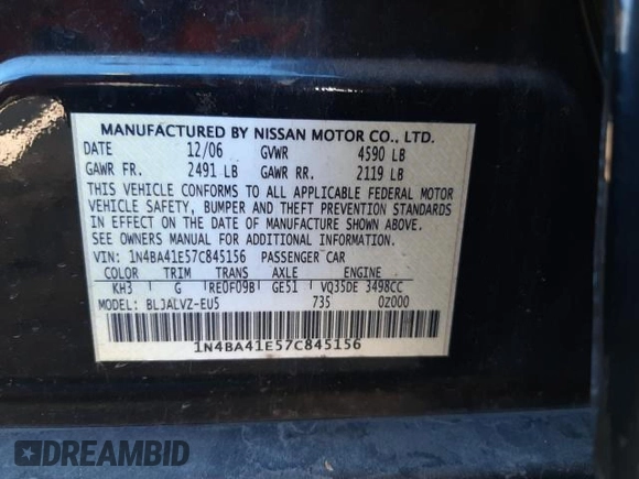 2007 Nissan Maxima 3.5 SL with VIN 1N4BA41E57C845156, listed as a Copart auction lot 42751405 with 178,340 mi miles and Clean Title. Bid and sale history available at carsss.com. Image 10.