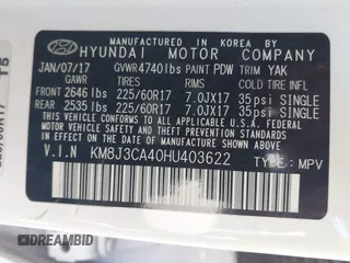 2017 Hyundai Tucson SE with VIN KM8J3CA40HU403622, listed as a IAAI auction lot 41698388 with 98,620 mi miles. Bid and sale history available at carsss.com. Image 9.