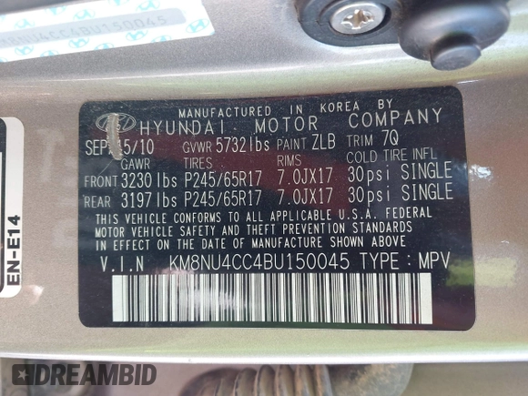 2011 Hyundai Veracruz Limited with VIN KM8NU4CC4BU150045, listed as a IAAI auction lot 42739309 with 131,074 mi miles and . Bid and sale history available at DreamBid. Image 9.