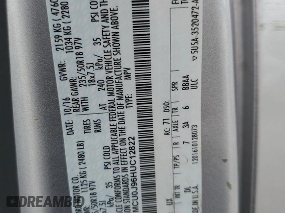 2017 Ford Escape Titanium with VIN 1FMCU0J96HUC12822, listed as a Copart auction lot 54259375 with 127,114 mi miles and Salvage Title. Bid and sale history available at DreamBid. Image 14.