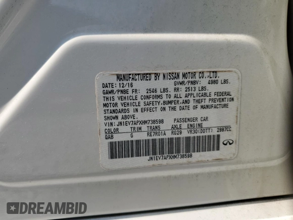 2017 Infiniti Q50 Premium z VIN JN1EV7APXHM738598, wystawiony jako Copart lot #59156075 z przebiegiem 178 498 mil mil oraz Szkoda całkowita • Salvage title. Historia ofert i sprzedaży dostępna na DreamBid. Obrazek 13.