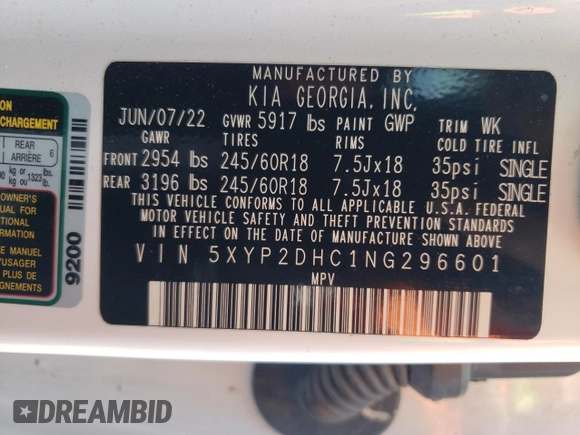 2022 Kia Telluride LX with VIN 5XYP2DHC1NG296601, listed as a Copart auction lot 54823115 with 76,882 mi miles and Non repairable. Bid and sale history available at DreamBid. Image 14.