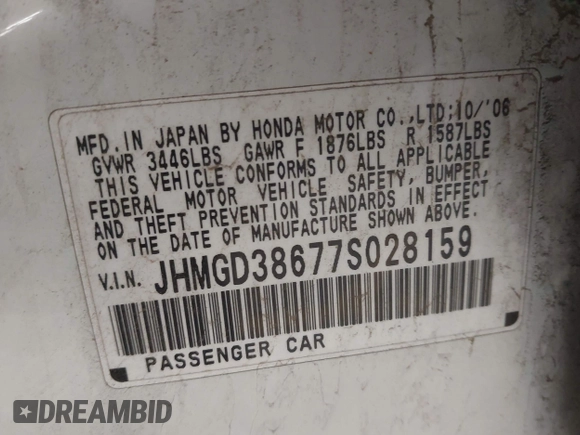 2007 Honda Fit Sport with VIN JHMGD38677S028159, listed as a IAAI auction lot 41960438 with 164,212 mi miles. Bid and sale history available at carsss.com. Image 9.