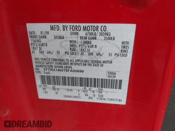 2009 Ford F-150 STX with VIN 1FTRX14W79FA50699, listed as a IAAI auction lot 42171303 with 178,751 mi miles and . Bid and sale history available at DreamBid. Image 9.