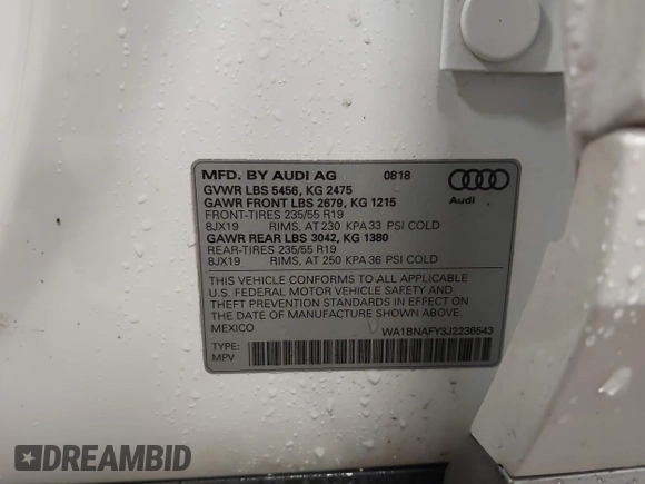 2018 Audi Q5 Premium Plus with VIN WA1BNAFY3J2236543, listed as a IAAI auction lot 41936777 with 86,994 mi miles. Bid and sale history available at carsss.com. Image 9.