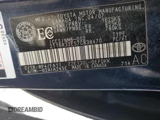 2007 Toyota Corolla CE with VIN 2T1BR32E57C838470, listed as a Copart auction lot 62259325 with 160,136 mi miles and Clean title. Bid and sale history available at DreamBid. Image 12.