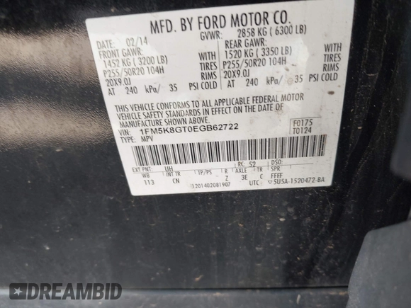 2014 Ford Explorer Sport with VIN 1FM5K8GT0EGB62722, listed as a IAAI auction lot 42275616 with 172,044 mi miles and . Bid and sale history available at DreamBid. Image 9.