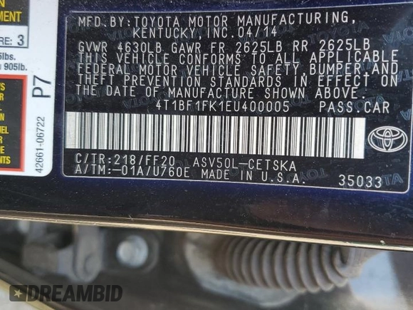 2014 Toyota Camry L with VIN 4T1BF1FK1EU400005, listed as a Copart auction lot 52782775 with 83,939 mi miles and Salvage Title. Bid and sale history available at DreamBid. Image 14.