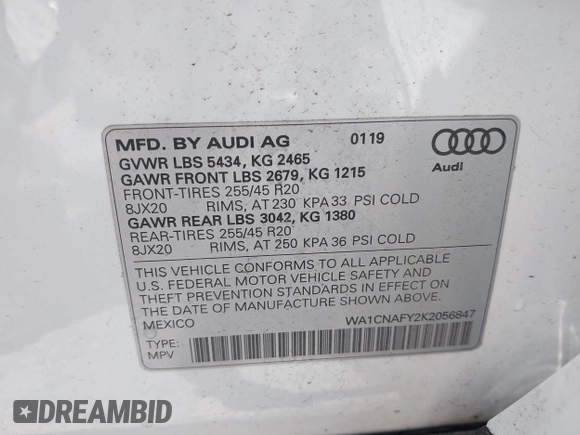 2019 Audi Q5 Prestige with VIN WA1CNAFY2K2056847, listed as a IAAI auction lot 42608003 with 55,691 mi miles and . Bid and sale history available at DreamBid. Image 9.