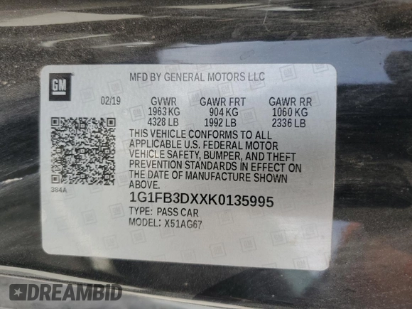 2019 Chevrolet Camaro 1LT with VIN 1G1FB3DXXK0135995, listed as a Copart auction lot 51190475 with 0 mi miles and Clean Title. Bid and sale history available at carsss.com. Image 12.