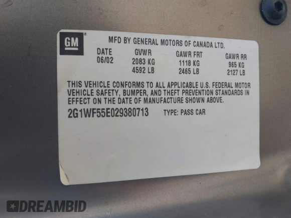 2002 Chevrolet Impala with VIN 2G1WF55E029380713, listed as a IAAI auction lot 42399010 with 123,853 mi miles and . Bid and sale history available at DreamBid. Image 9.