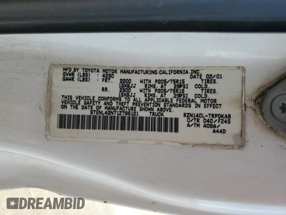 2001 Toyota Tacoma z VIN 5TENL42N71Z786121, wystawiony jako Copart lot #59601225 z przebiegiem 194 609 mil mil oraz Szkoda całkowita • Salvage title. Historia ofert i sprzedaży dostępna na DreamBid. Obrazek 12.