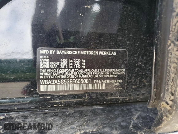 2014 BMW 3 Series 328i with VIN WBA3A5C53EF605081, listed as a Copart auction lot 59578235 with 195,443 mi miles and Salvage title. Bid and sale history available at DreamBid. Image 12.