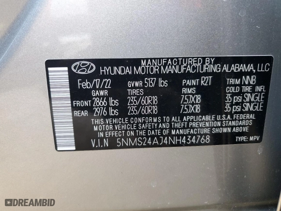 2022 Hyundai Santa Fe SEL with VIN 5NMS24AJ4NH434768, listed as a Copart auction lot 42152325 with 59,230 mi miles and Salvage Title. Bid and sale history available at carsss.com. Image 13.