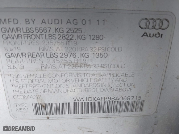2011 Audi Q5 3.2L Premium Plus with VIN WA1DKAFP9BA068715, listed as a IAAI auction lot 41867985 with 147,207 mi miles. Bid and sale history available at carsss.com. Image 9.