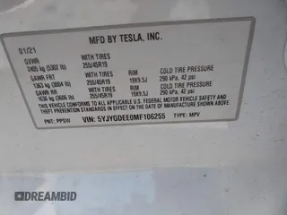 2021 Tesla Model Y Long Range with VIN 5YJYGDEE0MF106255, listed as a IAAI auction lot 41736610 with Not Provided miles. Bid and sale history available at carsss.com. Image 9.