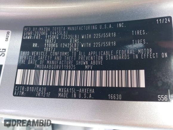 2024 Toyota Corolla Cross XLE with VIN 7MUDAABG0RV119925, listed as a IAAI auction lot 41763485 with 3,111 mi miles and . Bid and sale history available at DreamBid. Image 9.