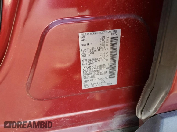 2022 Nissan Pathfinder SV with VIN 5N1DR3BB4NC245439, listed as a Copart auction lot 46955135 with Not provided miles and Salvage title. Bid and sale history available at DreamBid. Image 13.