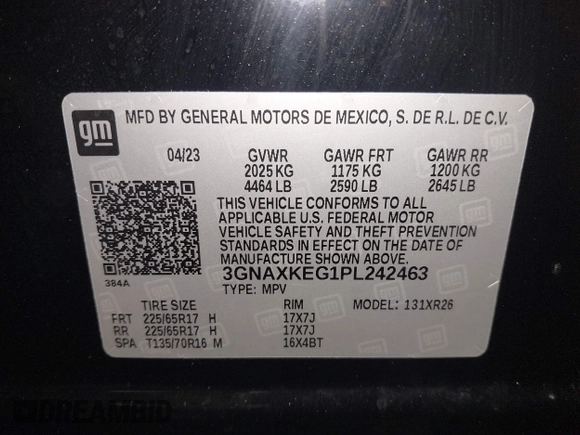 2023 Chevrolet Equinox LT с VIN 3GNAXKEG1PL242463, выставлен на аукционе IAAI как лот 42114692 с пробегом 16 637 миль миль и . История ставок и продаж доступна на DreamBid. Изображение 9.