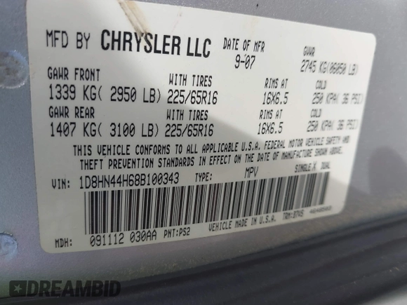 2008 Dodge Grand Caravan SE with VIN 1D8HN44H68B100343, listed as a IAAI auction lot 42126581 with 228,669 mi miles and . Bid and sale history available at DreamBid. Image 9.