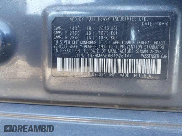 2011 Subaru Legacy 2.5i with VIN 4S3BMAA68B1226144, listed as a IAAI auction lot 41821320 with 168,970 mi miles and . Bid and sale history available at DreamBid. Image 9.