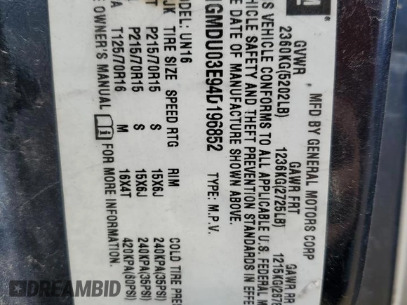 2004 Pontiac Montana z VIN 1GMDU03E94D196852, wystawiony jako Copart lot #57477115 z przebiegiem Nie podano mil oraz Nie do naprawy • Non repairable. Historia ofert i sprzedaży dostępna na DreamBid. Obrazek 13.