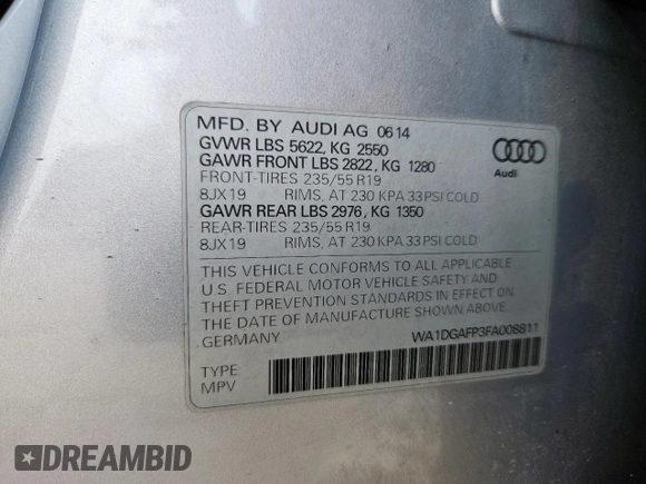 2015 Audi Q5 Premium Plus with VIN WA1DGAFP3FA008811, listed as a Copart auction lot 57514175 with Not provided miles and Salvage title. Bid and sale history available at DreamBid. Image 14.