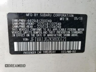 2019 Subaru WRX Limited with VIN JF1VA1J62K9800721, listed as a Copart auction lot 72238752 with 30,138 mi miles. Bid and sale history available at carsss.com. Image 13.