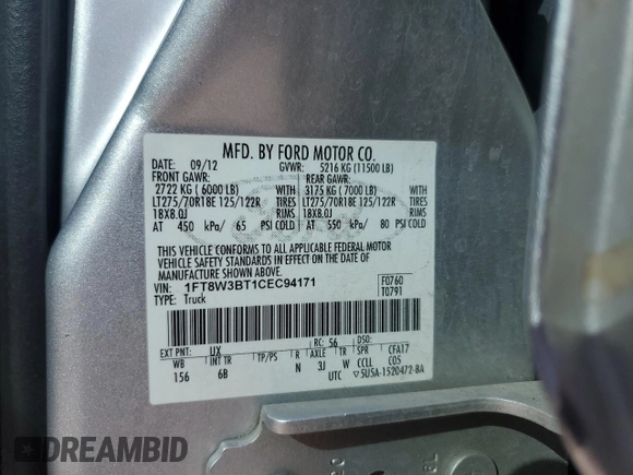 2012 Ford F-350 XL with VIN 1FT8W3BT1CEC94171, listed as a Copart auction lot 54445775 with 148,435 mi miles and Salvage title. Bid and sale history available at DreamBid. Image 13.