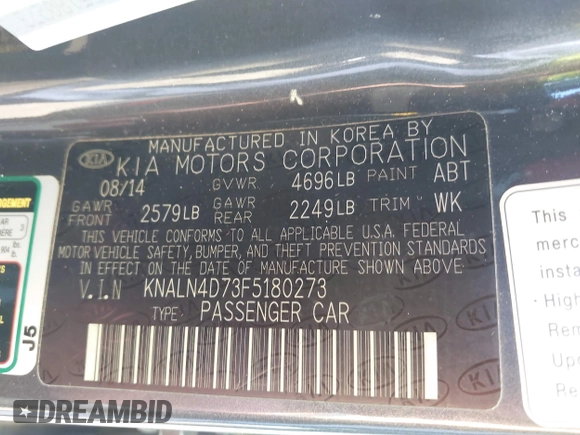 2015 Kia Cadenza Premium with VIN KNALN4D73F5180273, listed as a IAAI auction lot 41222537 with 127,348 mi miles. Bid and sale history available at carsss.com. Image 9.