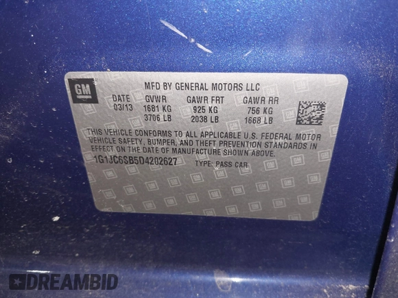 2013 Chevrolet Sonic LT with VIN 1G1JC6SB5D4202627, listed as a IAAI auction lot 41653165 with 109,807 mi miles. Bid and sale history available at carsss.com. Image 9.