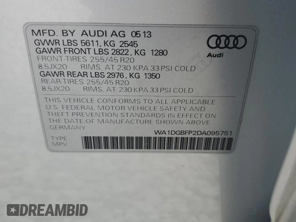 2013 Audi Q5 Premium Plus z VIN WA1DGBFP2DA095751, wystawiony jako Copart lot #60421265 z przebiegiem 80 288 mil mil oraz Szkoda całkowita • Salvage title. Historia ofert i sprzedaży dostępna na DreamBid. Obrazek 13.
