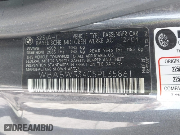 2005 BMW 3 Series 325Ci with VIN WBABW33405PL35861, listed as a IAAI auction lot 42042997 with 137,148 mi miles and . Bid and sale history available at carsss.com. Image 9.
