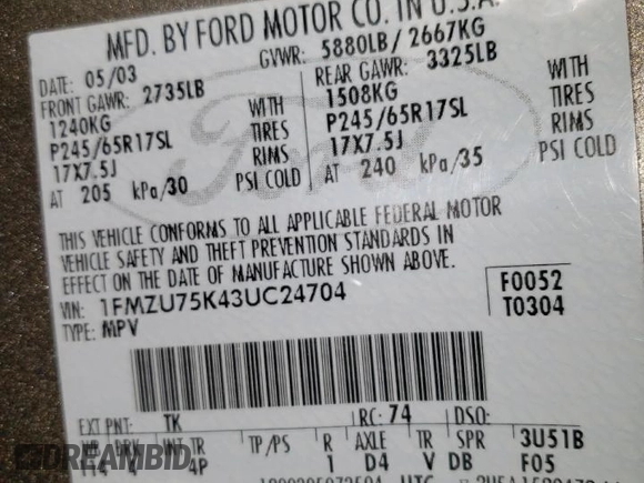 2003 Ford Explorer Limited с VIN 1FMZU75K43UC24704, выставлен на аукционе Copart как лот 58601065 с пробегом 104 772 миль миль и Чистый • Clean title. История ставок и продаж доступна на DreamBid. Изображение 13.