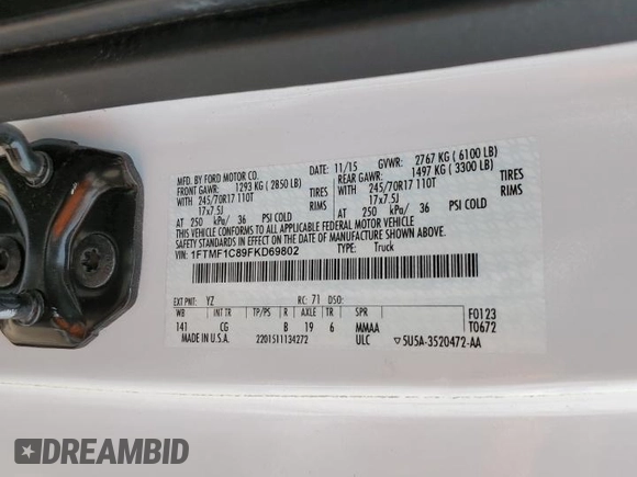 2015 Ford F-150 XL with VIN 1FTMF1C89FKD69802, listed as a Copart auction lot 47600995 with 107,896 mi miles and Salvage title. Bid and sale history available at DreamBid. Image 13.