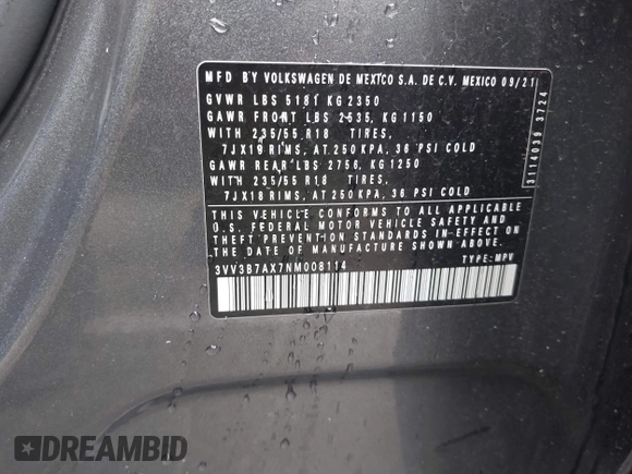 2022 Volkswagen Tiguan SE with VIN 3VV3B7AX7NM008114, listed as a IAAI auction lot 41843315 with 42,016 mi miles and . Bid and sale history available at DreamBid. Image 9.