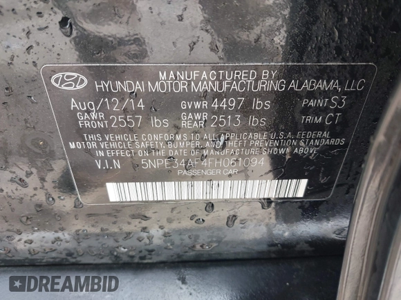 2015 Hyundai Sonata Limited with VIN 5NPE34AF4FH061094, listed as a IAAI auction lot 42044234 with Not Provided miles and . Bid and sale history available at carsss.com. Image 9.
