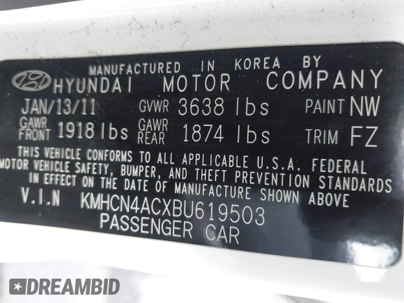 2011 Hyundai Accent GLS with VIN KMHCN4ACXBU619503, listed as a IAAI auction lot 42047496 with 131,135 mi miles. Bid and sale history available at carsss.com. Image 9.