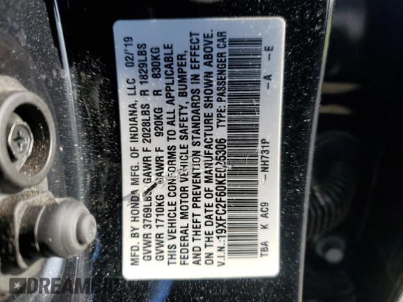 2019 Honda Civic LX with VIN 19XFC2F60KE025306, listed as a Copart auction lot 53949305 with 50,671 mi miles and Salvage Title. Bid and sale history available at DreamBid. Image 13.