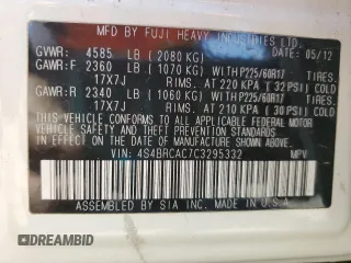 2012 Subaru Outback 2.5i with VIN 4S4BRCAC7C3295332, listed as a Copart auction lot 57178085 with 77,955 mi miles and Salvage title. Bid and sale history available at DreamBid. Image 13.