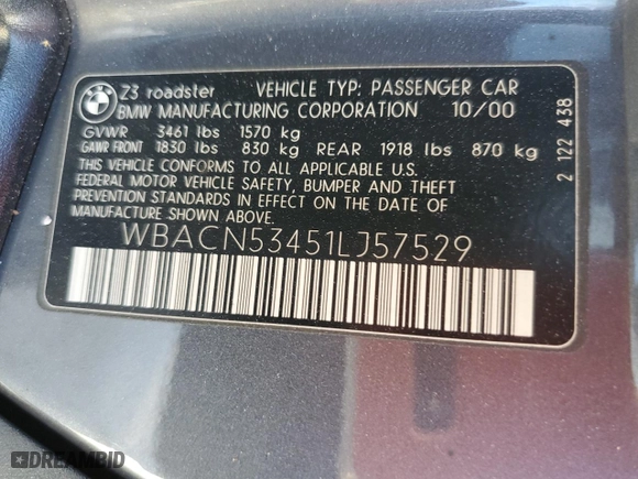 2001 BMW Z3 3.0i with VIN WBACN53451LJ57529, listed as a Copart auction lot 76501844 with 66,760 mi miles and Salvage Title. Bid and sale history available at carsss.com. Image 13.