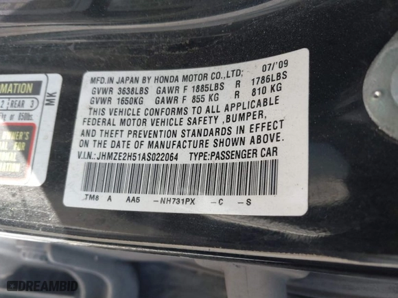 2010 Honda Insight LX with VIN JHMZE2H51AS022064, listed as a IAAI auction lot 41893433 with 263,542 mi miles. Bid and sale history available at carsss.com. Image 9.