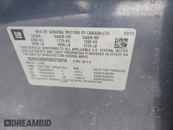 2013 Chevrolet Equinox LT with VIN 2GNALDEK5D6278216, listed as a IAAI auction lot 41861789 with 157,256 mi miles and . Bid and sale history available at carsss.com. Image 9.