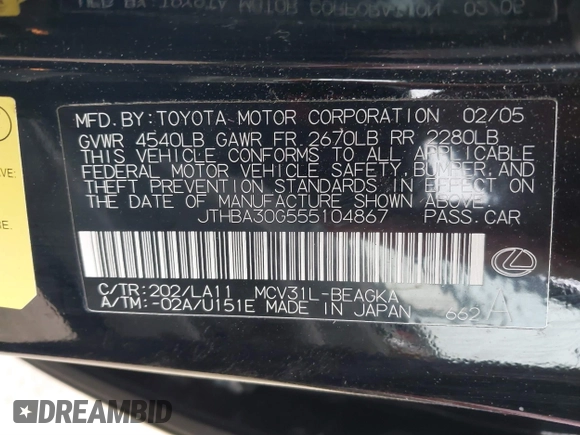 2005 Lexus ES 330 with VIN JTHBA30G555104867, listed as a IAAI auction lot 41508534 with 178,416 mi miles. Bid and sale history available at carsss.com. Image 9.