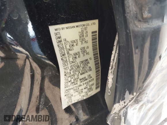 2008 Nissan Titan SE with VIN 1N6BA07D38N346909, listed as a IAAI auction lot 41678706 with 321,104 mi miles. Bid and sale history available at carsss.com. Image 9.