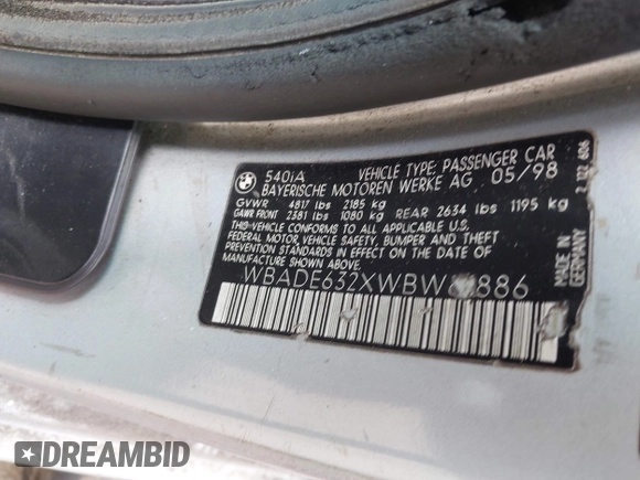 1998 BMW 5 Series 540i with VIN WBADE632XWBW61886, listed as a IAAI auction lot 42328558 with Not provided miles and . Bid and sale history available at DreamBid. Image 9.