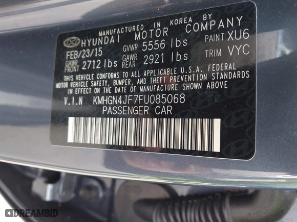 2015 Hyundai Genesis 5.0L with VIN KMHGN4JF7FU085068, listed as a IAAI auction lot 41679660 with 66,540 mi miles. Bid and sale history available at carsss.com. Image 9.