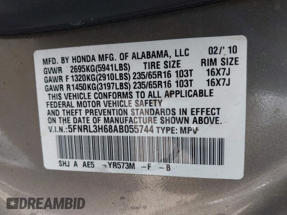 2010 Honda Odyssey EX-L with VIN 5FNRL3H68AB055744, listed as a IAAI auction lot 42107273 with 193,289 mi miles. Bid and sale history available at carsss.com. Image 9.