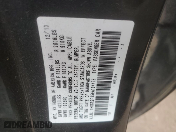 2014 Honda Accord LX z VIN 1HGCR2F35EA104468, wystawiony jako Copart lot #54717575 z przebiegiem 119 820 mil mil oraz Szkoda całkowita • Salvage title. Historia ofert i sprzedaży dostępna na DreamBid. Obrazek 13.