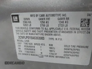 2010 Chevrolet Equinox LT w/2LT with VIN 2CNFLPEY8A6363983, listed as a IAAI auction lot 41781282 with 229,762 mi miles. Bid and sale history available at carsss.com. Image 9.